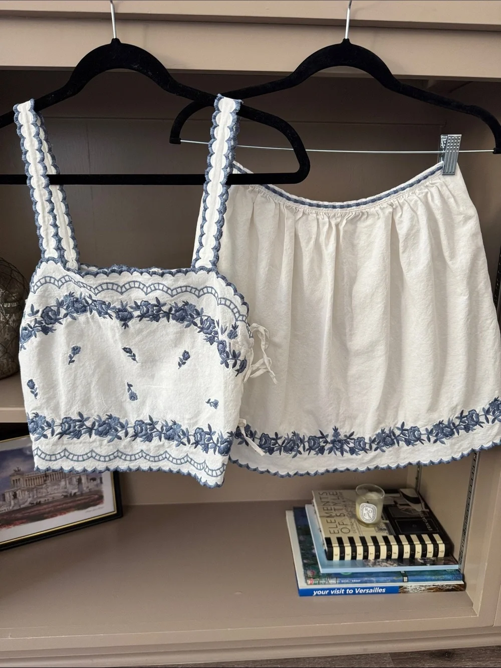 Sézane Sabyna Top Noam Skirt Set Ecru Blue Embroidered Cotton FR 36 US 4
